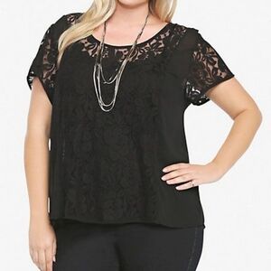 Torrid Black Button Back Lace Illusion Top